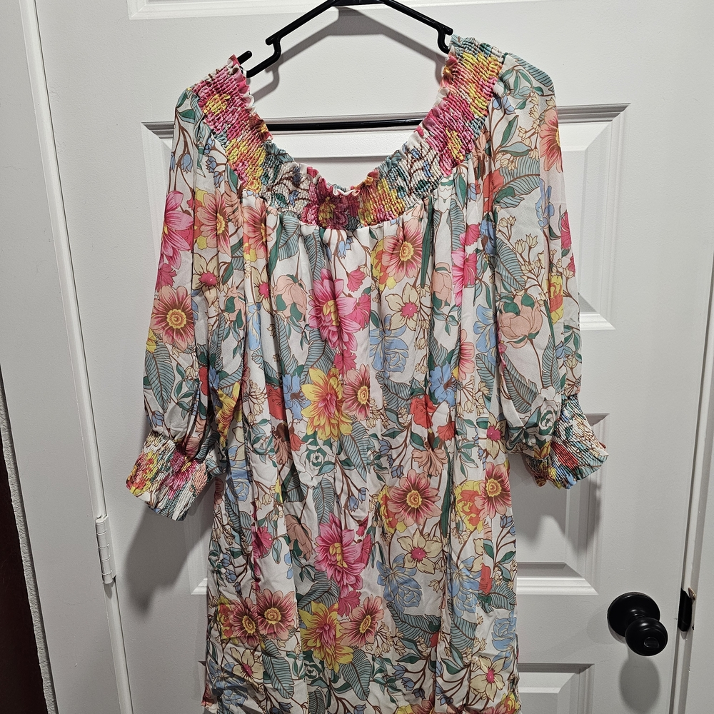 Umgee Floral Off-Shoulder Top in White, Teal, Yellow, Pink
